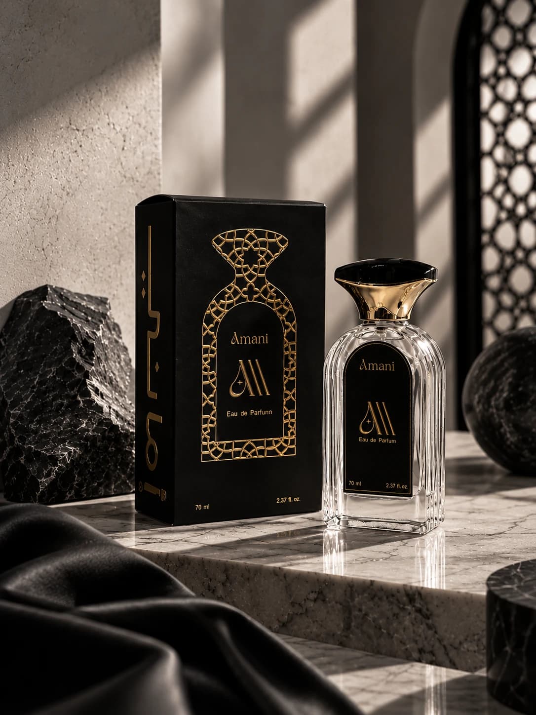 Amani Parfume eau de parfum, 70 ml, with its black and gold box