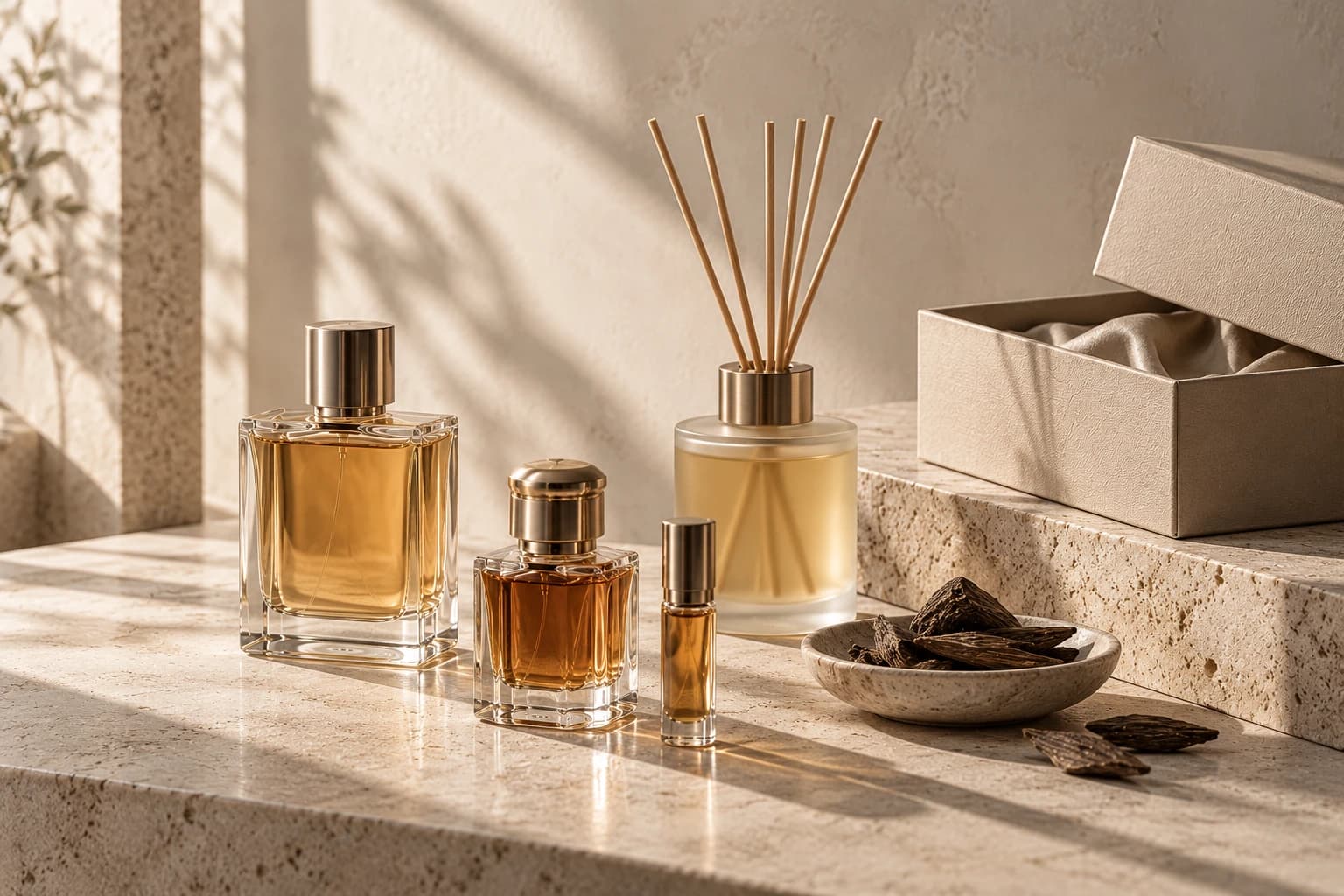 Eau de parfum, extrait, attar oil and a reed diffuser