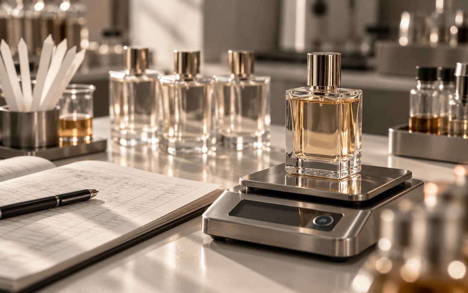 Perfume bottle on a laboratory scale beside a batch record